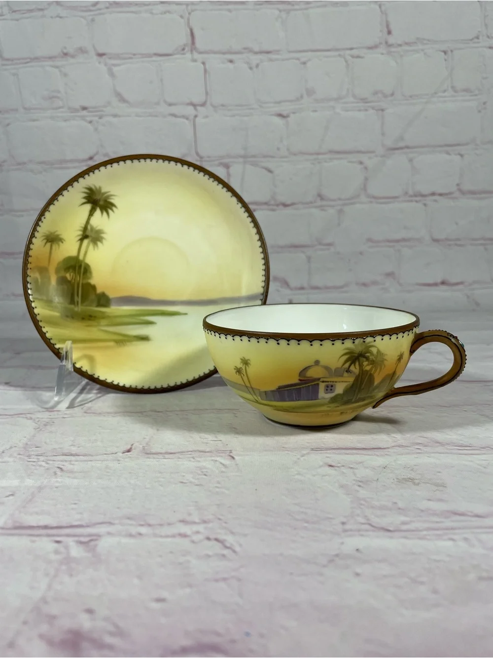Antique Morimura Nippon Hand Painted Tropical Oasis Teacup and Saucer Set